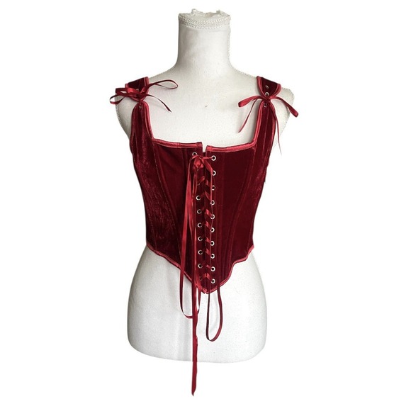 Scarlet Darkness Red Velvet Victorian Corset with 12 Bones and Lace-up Sz 8 Goth - Picture 3 of 16